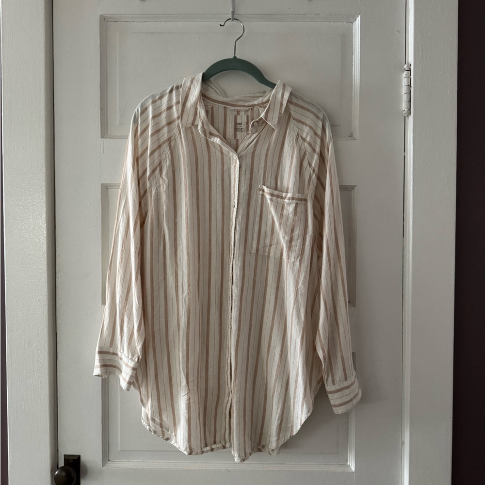 Aerie Oversized Boyfriend Button Down Cream and Tan Striped Linen Shirt